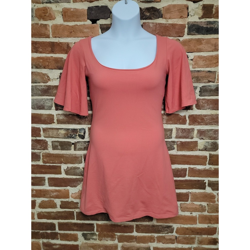 Susana Monaco Sheath Dress Womens Medium Coral Nylon Flared Sleeve Scoop Neck